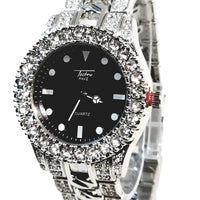 Techno Pave Silver Finish Iced Out Large Lab Diamonds On Case Iced Round Black Face Mens Watch Metal Iced Band 8653 …