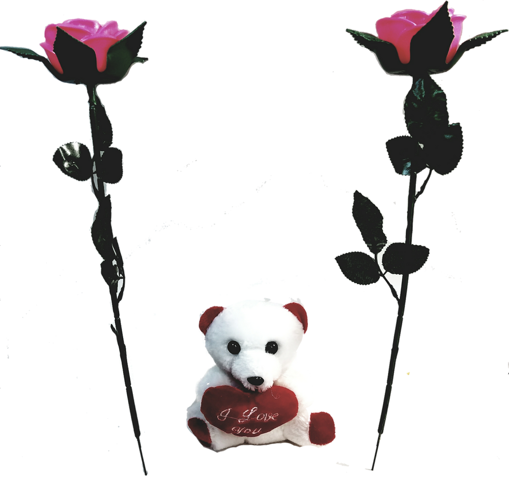 Romantic Kit White Teddy Bear & Set Of 2 Pink Soft Romantic Light-Up LED Red Rose