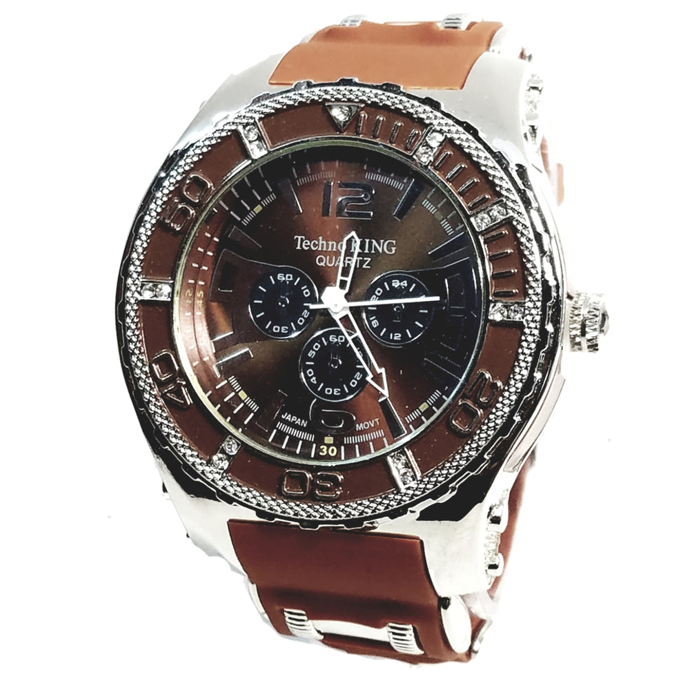 Techno King Mens Silver Finish Dress/Casual Chocolate Face Watch Chocolate Silicone Band Bling
