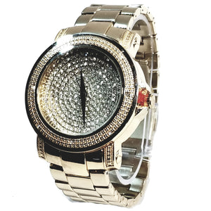 Techno Pave Elite Gold Finish Iced Out Round Lab Diamond Face Mens Watch Metal Band Bling 8254