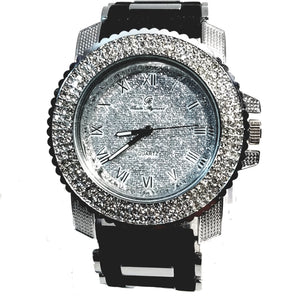 Charles Raymond Silver Finish Iced Silver Frost Face Mens Watch Black Bullet Band Lab Diamond Case 7840
