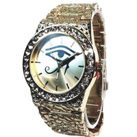 Tech PV Gold Finish Eye of Horus Iced Out Lab Diamond Iced Face Mens Watch Gold Nugget Metal Band Bling 8659
