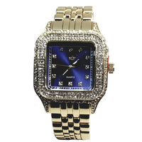 Techno Pave Gold Finish Rectangle Case Aqua Blue Face Bling Mens Watch Metal Band Bling 9196
