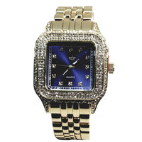 Techno Pave Gold Finish Rectangle Case Aqua Blue Face Bling Mens Watch Metal Band Bling 9196