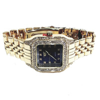 Techno Pave Gold Finish Rectangle Case Aqua Blue Face Bling Mens Watch Metal Band Bling 9196
