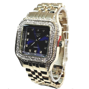 Techno Pave Gold Finish Rectangle Case Aqua Blue Face Bling Mens Watch Metal Band Bling 9196