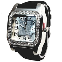 Charles Raymond Silver Finish Iced Lab Diamond Silver Frost Face Mens Watch Black Band Rectangle Case L0132