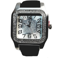 Charles Raymond Silver Finish Iced Lab Diamond Silver Frost Face Mens Watch Black Band Rectangle Case L0132
