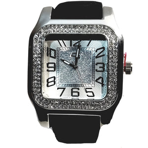 Charles Raymond Silver Finish Iced Lab Diamond Silver Frost Face Mens Watch Black Band Rectangle Case L0132