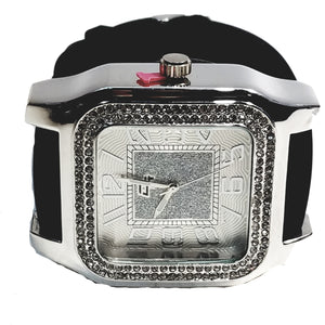 Charles Raymond Silver Finish Iced Lab Diamond Silver Frost Face Mens Watch Black Band Rectangle Case L0132