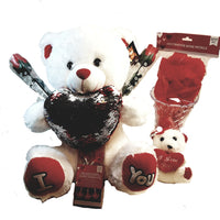 Romantic Kit 16.5" White Teddy Bear, Vase, String Light, Keychain, Rose Petals & Set Of 2 LED Red Rose