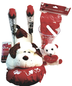 Romantic Kit 16" White Plush Puppy Dog, Vase, String Light, Keychain, Rose Petals & Set Of 2 LED Red Rose