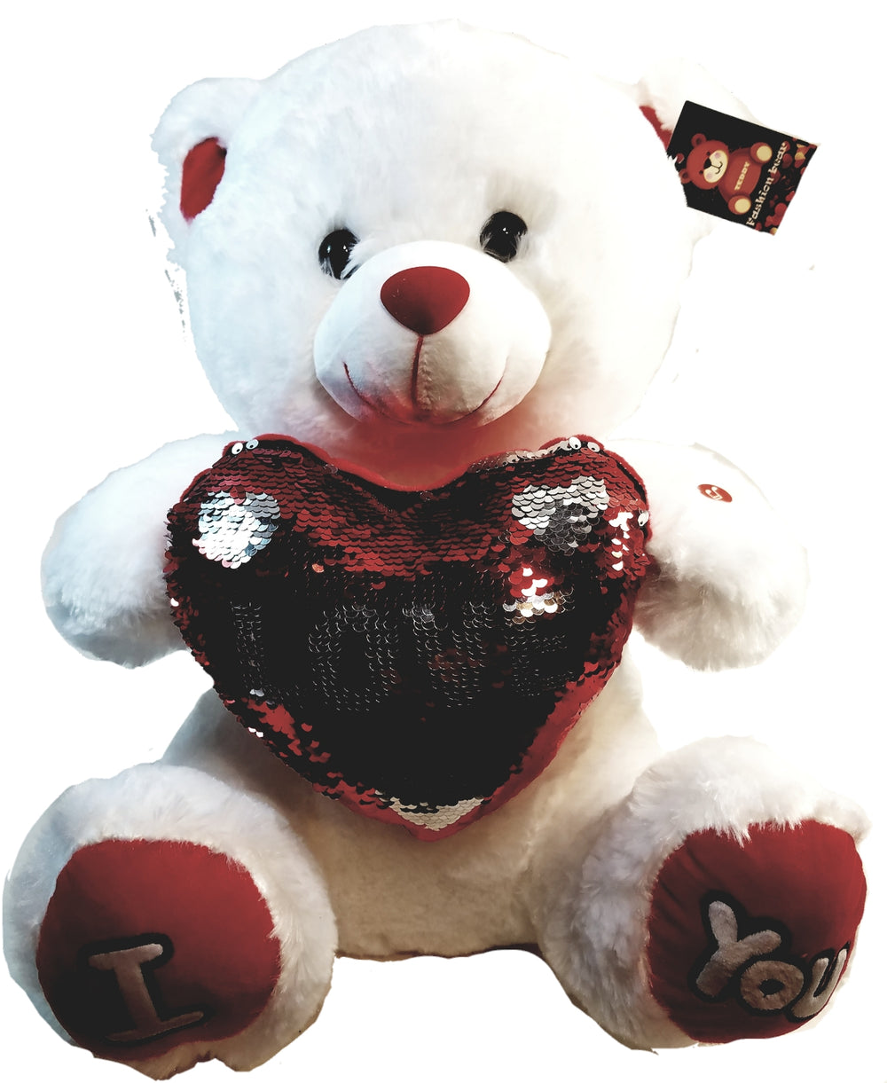 Large White Teddy Bear Holding Sequins Heart 16.5
