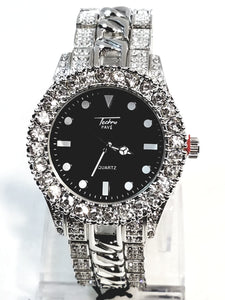 Techno Pave Silver Finish Iced Out Large Lab Diamonds On Case Iced Round Black Face Mens Watch Metal Iced Band 8653 …