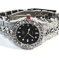 Techno Pave Silver Finish Iced Out Large Lab Diamonds On Case Iced Round Black Face Mens Watch Metal Iced Band 8653 …