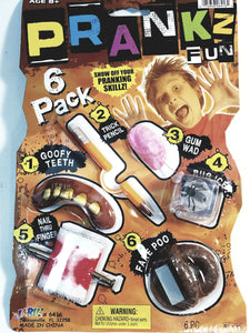 PRANKZ 6 Pack Of Jokes Fly In Ice/Goofy Teeth/ Wad Of Gum/Fake Poop/Pencil & Nail In Fingerg  Fun Gag Toys