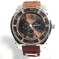 Techno King Mens Silver Finish Dress/Casual Chocolate Face Watch Chocolate Silicone Band Bling
