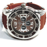 Techno King Mens Silver Finish Dress/Casual Chocolate Face Watch Chocolate Silicone Band Bling
