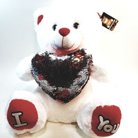 Large White Teddy Bear Holding Sequins Heart 16.5" With Sounds