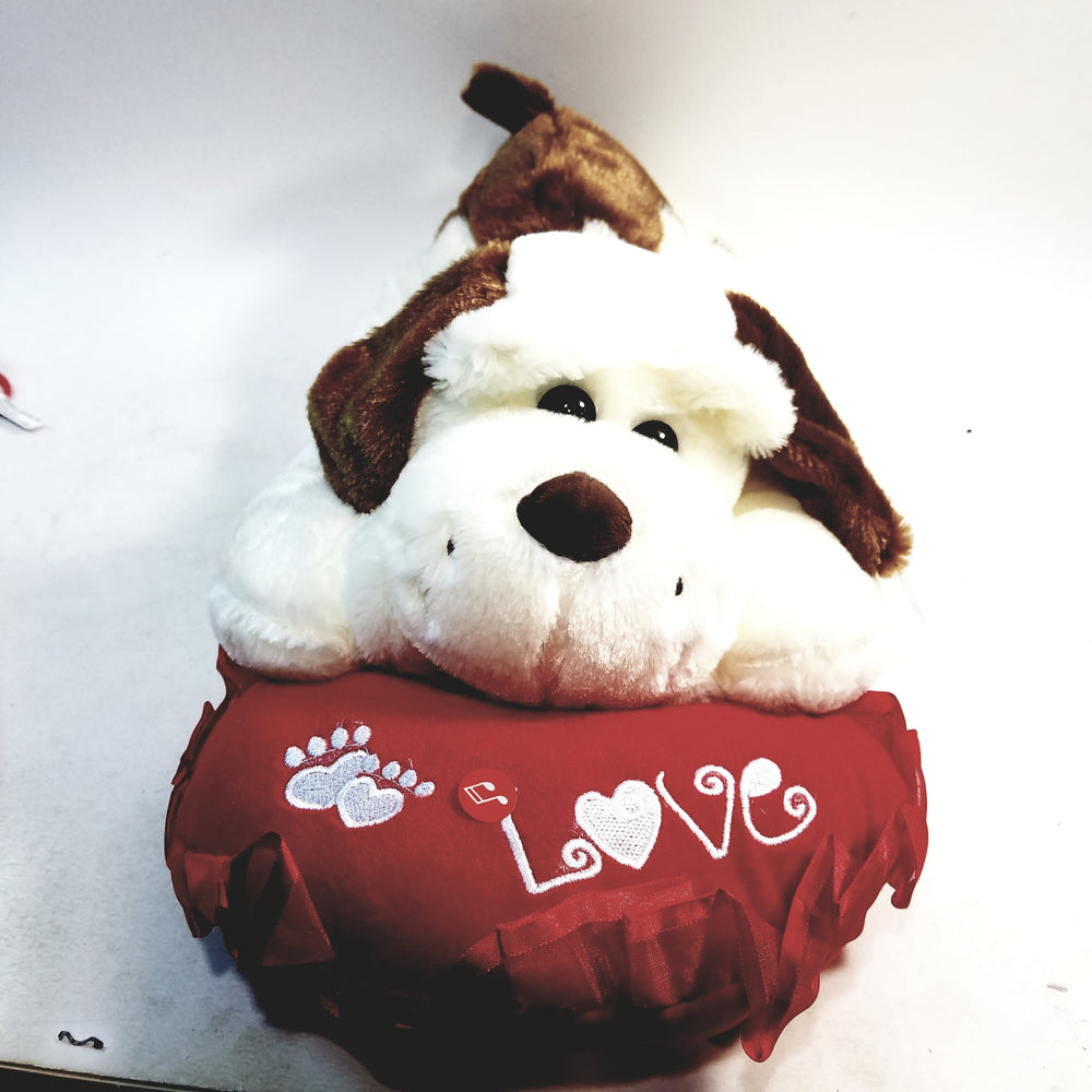 Large White Puppy Dog  Holding Heart Pillow 16.5
