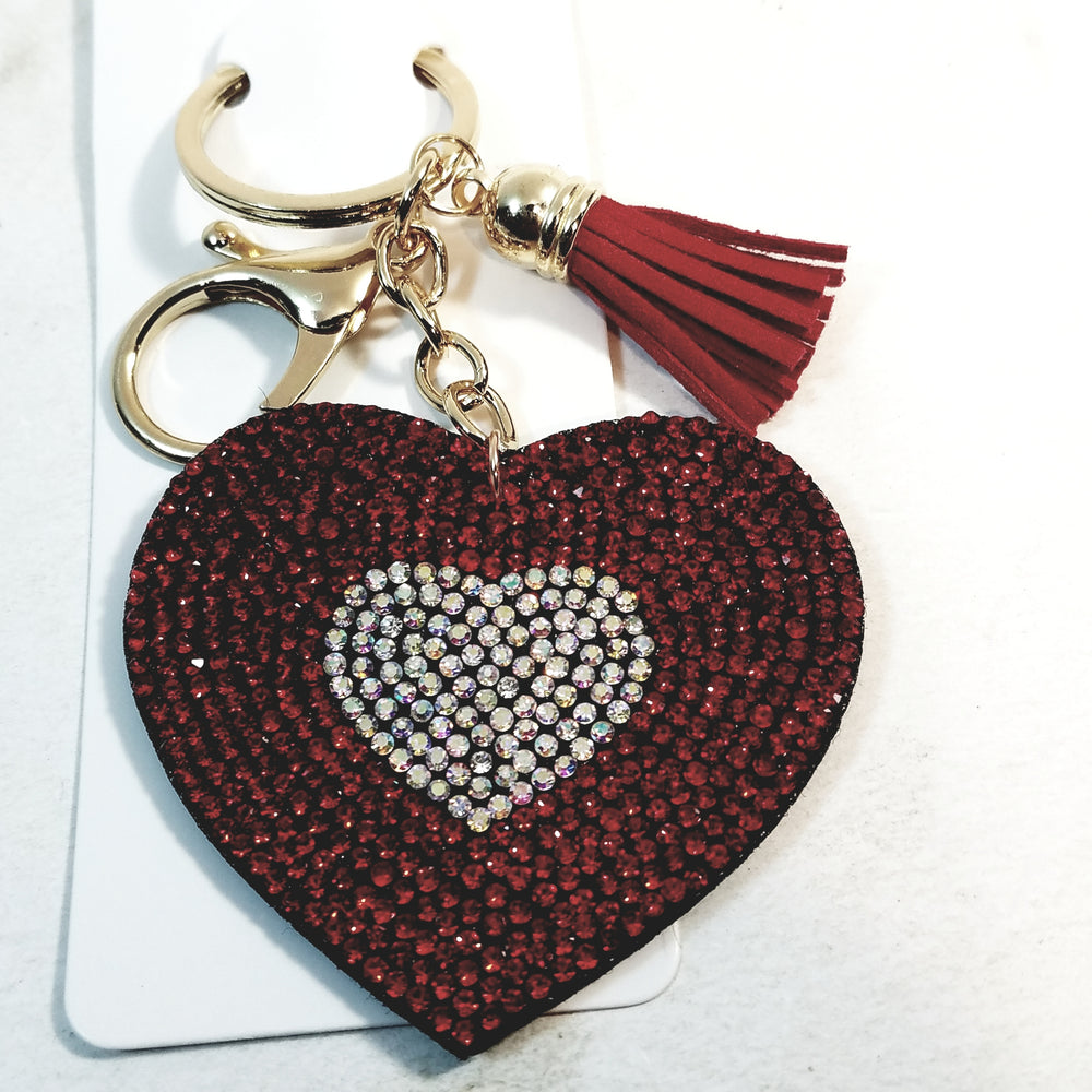 Red & Silver HEART With Tassel Studded Lab Diamond Bling Keychain