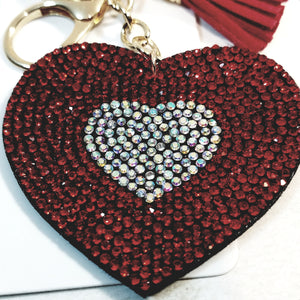 Red & Silver HEART With Tassel Studded Lab Diamond Bling Keychain
