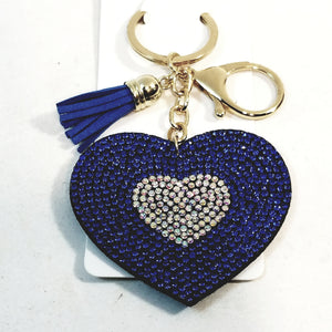 Navy Blue Heart With Tassel Studded Lab Diamond Bling Gold Plated Keychain