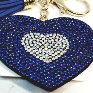 Navy Blue Heart With Tassel Studded Lab Diamond Bling Gold Plated Keychain