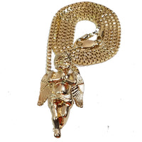 Praying Angel Folded Hands Charm 2mm Gold Tone Chain & Micro Pendant Set With 24" Box Link Necklace.