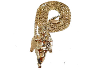 Praying Angel Folded Hands Charm 2mm Gold Tone Chain & Micro Pendant Set With 24" Box Link Necklace.