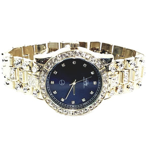 Techno Pave Gold Finish Iced Out Lab Diamond Blue Face Mens Watch Metal Band Round Case 8921
