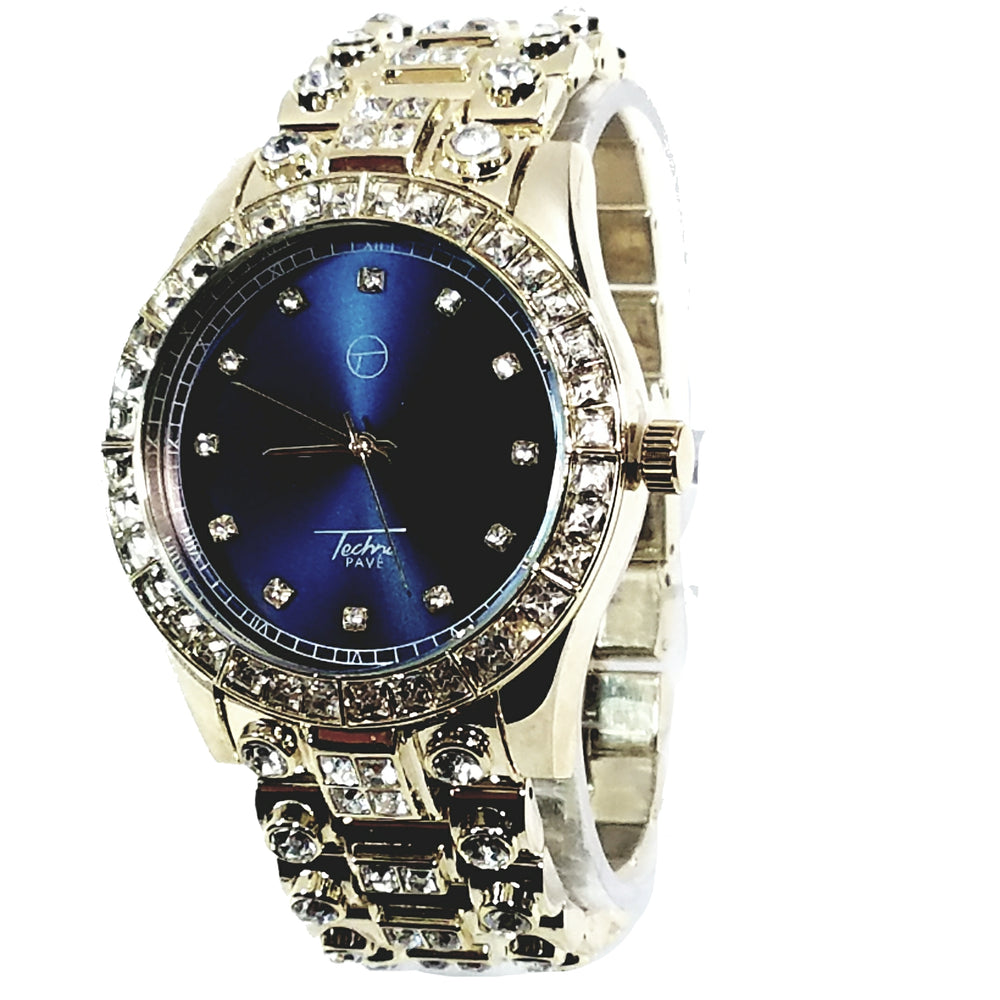 Techno Pave Gold Finish Iced Out Lab Diamond Blue Face Mens Watch Metal Band Round Case 8921