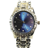 Techno Pave Gold Finish Iced Out Lab Diamond Blue Face Mens Watch Metal Band Round Case 8921
