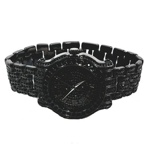 Techno Pave Gun Metal Black Finish Iced Out Lab Diamond Round Face Mens Watch Metal Iced Band Bling 7341