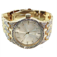 Techno Pave Gold Finish Iced Out Lab Diamond Round Gold Face Mens Watch Metal Iced Band Bling 8558
