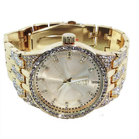 Techno Pave Gold Finish Iced Out Lab Diamond Round Gold Face Mens Watch Metal Iced Band Bling 8558