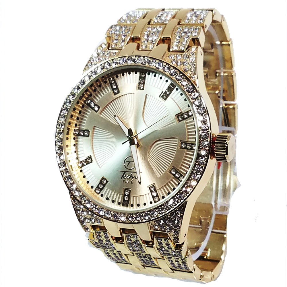 Techno Pave Gold Finish Iced Out Lab Diamond Round Gold Face Mens Watch Metal Iced Band Bling 8558