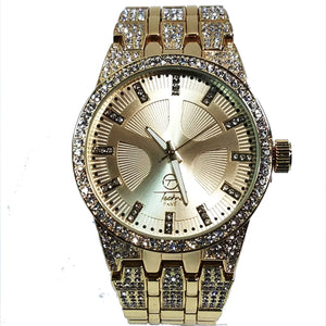 Techno Pave Gold Finish Iced Out Lab Diamond Round Gold Face Mens Watch Metal Iced Band Bling 8558