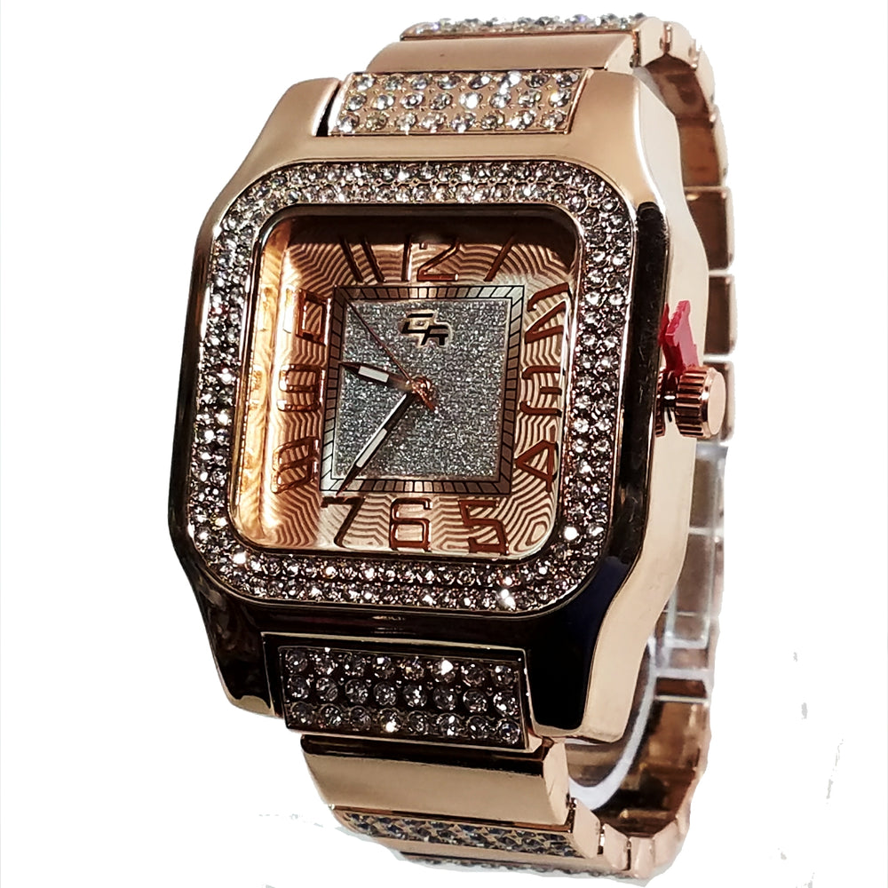 Charles Raymond Rose Gold Finish Iced Lab Diamond Rose Gold Frost Face Mens Watch Black Band Rectangle Case L0132M