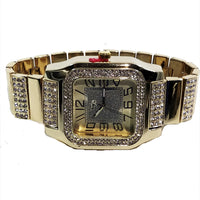 Charles Raymond Gold Finish Iced Lab Diamond Gold Frost Face Mens Watch Black Band Rectangle Case L0132M
