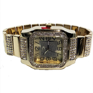 Charles Raymond Gold Finish Iced Lab Diamond Gold Frost Face Mens Watch Black Band Rectangle Case L0132M
