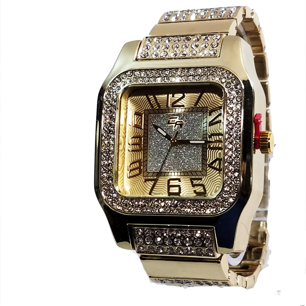 Charles Raymond Gold Finish Iced Lab Diamond Gold Frost Face Mens Watch Black Band Rectangle Case L0132M