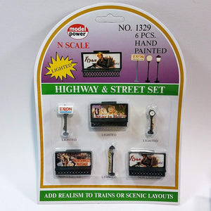 Model Power #1329 N Scale Lited Highway & Street 6 Handpainted Lighted Structures Exxon,Lamp,Clock & Billboards